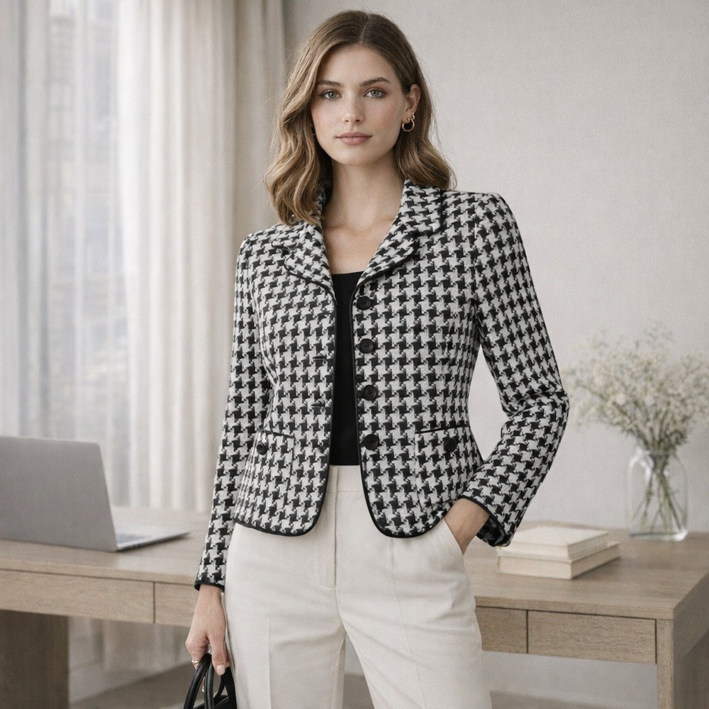 Sara Campbell Houndstooth Tweed Blazer Jacket Black White Womens Size 8 USA Made